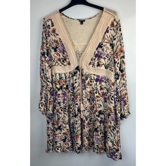 Torrid Mini Gauze Lace-Up Skater Dress Bell Sleeve Floral Plus Size 3 3X Boho - Picture 2 of 16